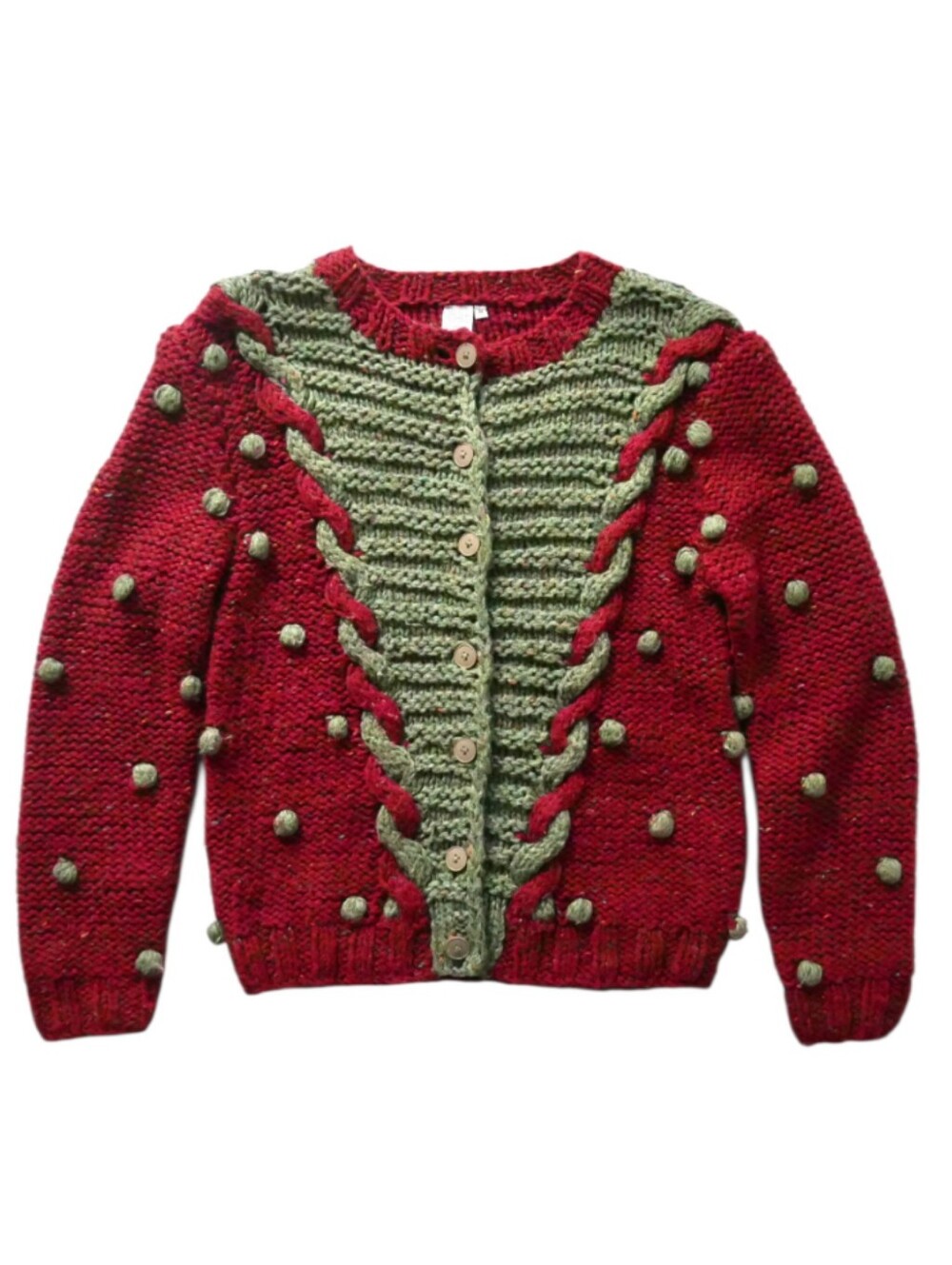 Vintage Hand Knit Wool Blend Cardigan Red Green Textured Folk Sweater Sz M